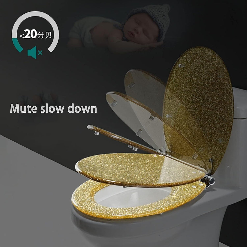 'Glitter Resin Toilet Seat, Soft Close Lid, Round/Oval, Easy Installation & Cleaning, Gold'(Gold)