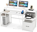Tangkula Computer Desk with Power Outlets, 66' Computer Workstation with Monitor Stand, CPU Stand, Printer Shelf & File Drawer, Writing Table Gaming Desk for Home Office (White)
