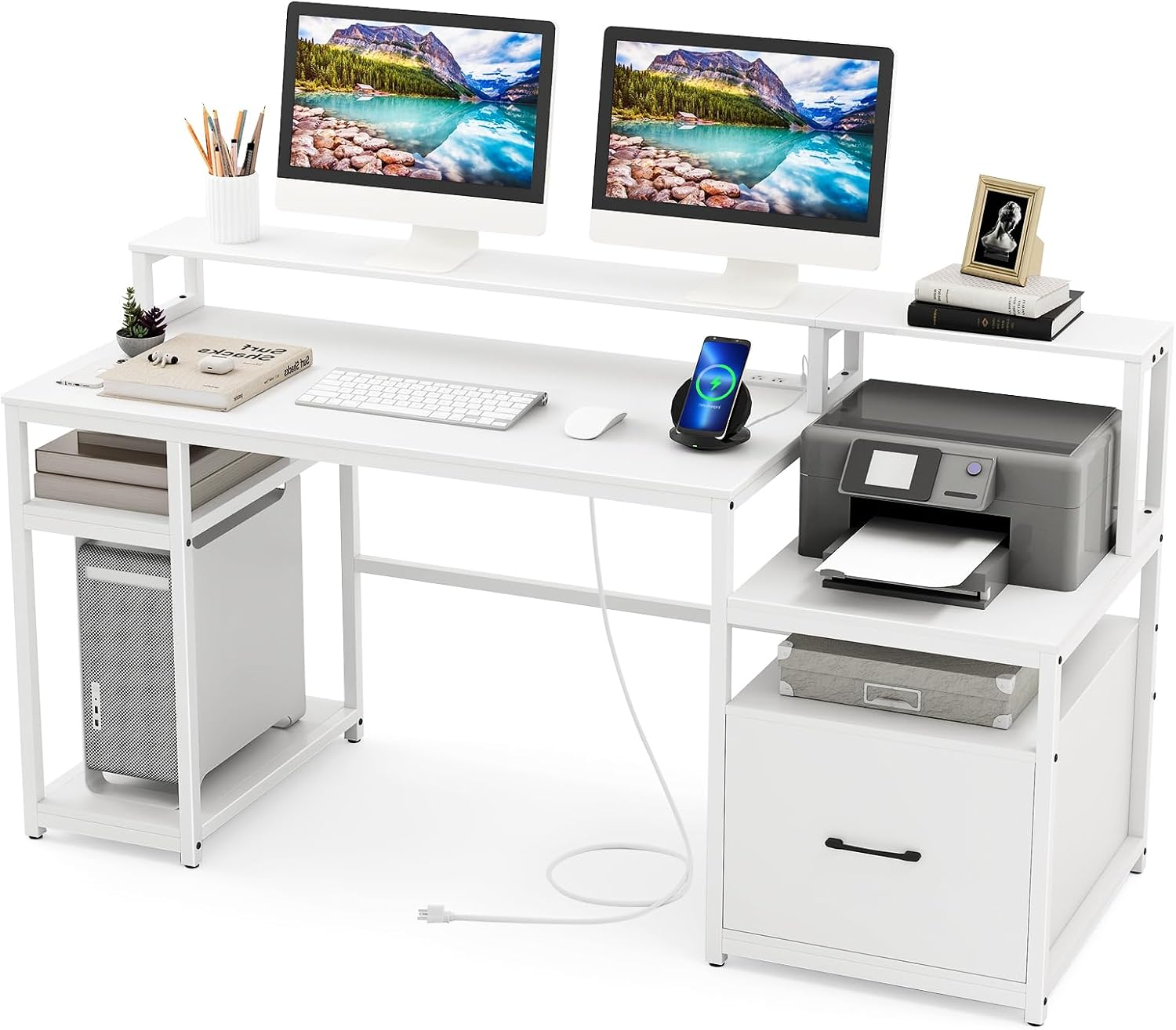 Tangkula Computer Desk with Power Outlets, 66' Computer Workstation with Monitor Stand, CPU Stand, Printer Shelf & File Drawer, Writing Table Gaming Desk for Home Office (White)