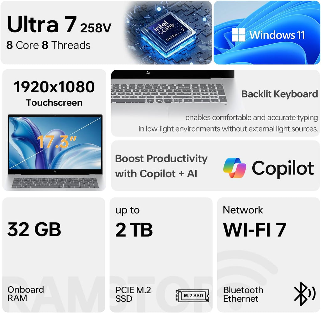 HP OmniBook 7 (Envy Next Brand) Laptop for Professional Workflows, 17.3' FHD Touchscreen, Ultra 7 258V(> Ultra 7 255U) for AI Tasks, 32GB DDR5 RAM, 1TB SSD, Wi-Fi 7, Win11 Pro, Bundle with PCO Cooler