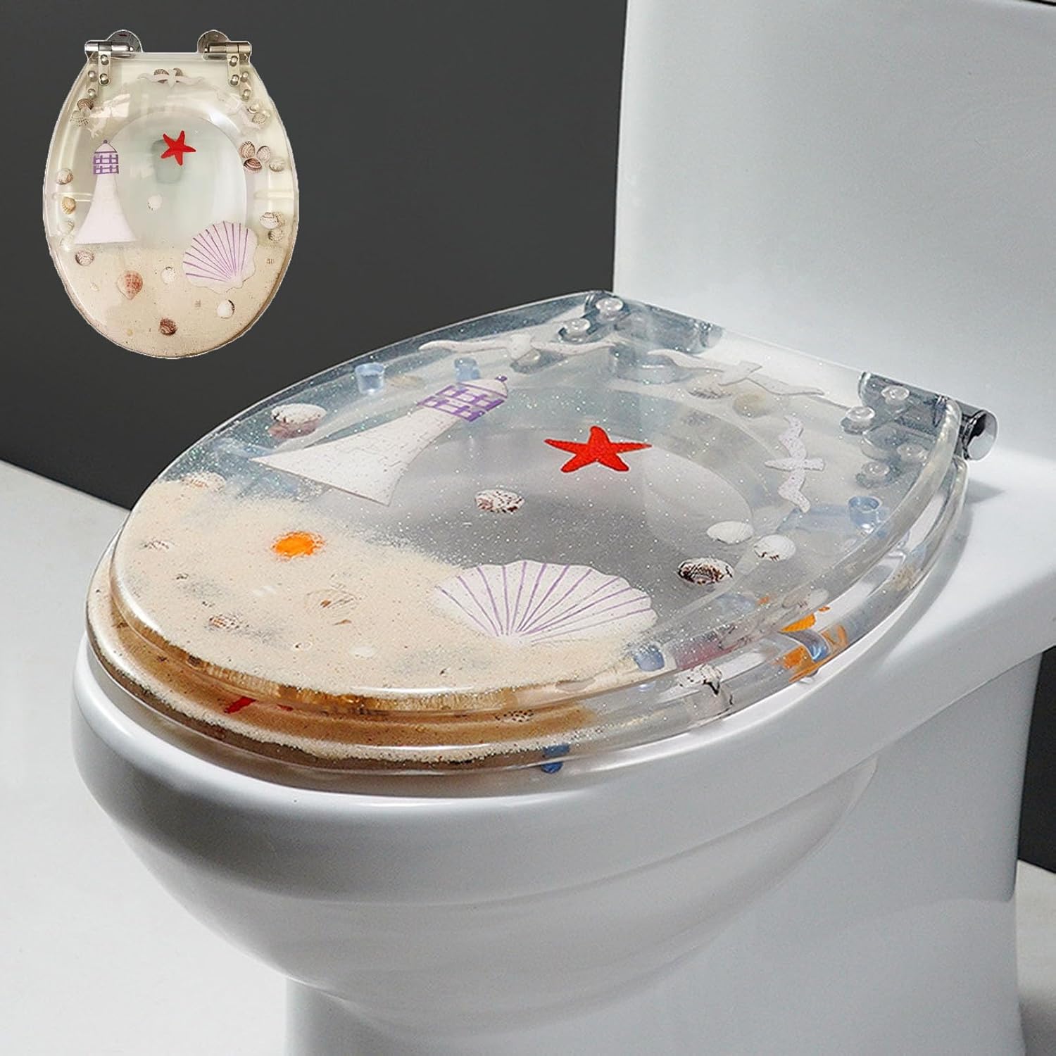 Resin Toilet Seat Soft Close Toilet seat Quick Release, Heavy Duty, Glitter Toilet Seat, Slow Close, Sparkling Toilet Seats for Bathroom, 14.2'×16.5',Gold,Clear