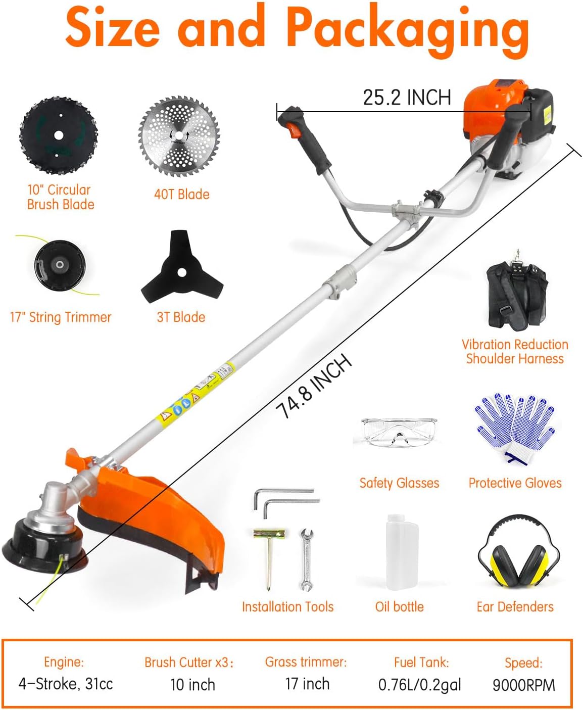 NEO-TEC 31cc 4-Cycle Gas Weed Wacker 4 in 1 String Trimmer/Edger 17'' with 10'' Brush Cutter x3 Rubber U-Handle & Shoulder Strap, Light Stable and Powerful Gas Weed Eater for Grass Cutting
