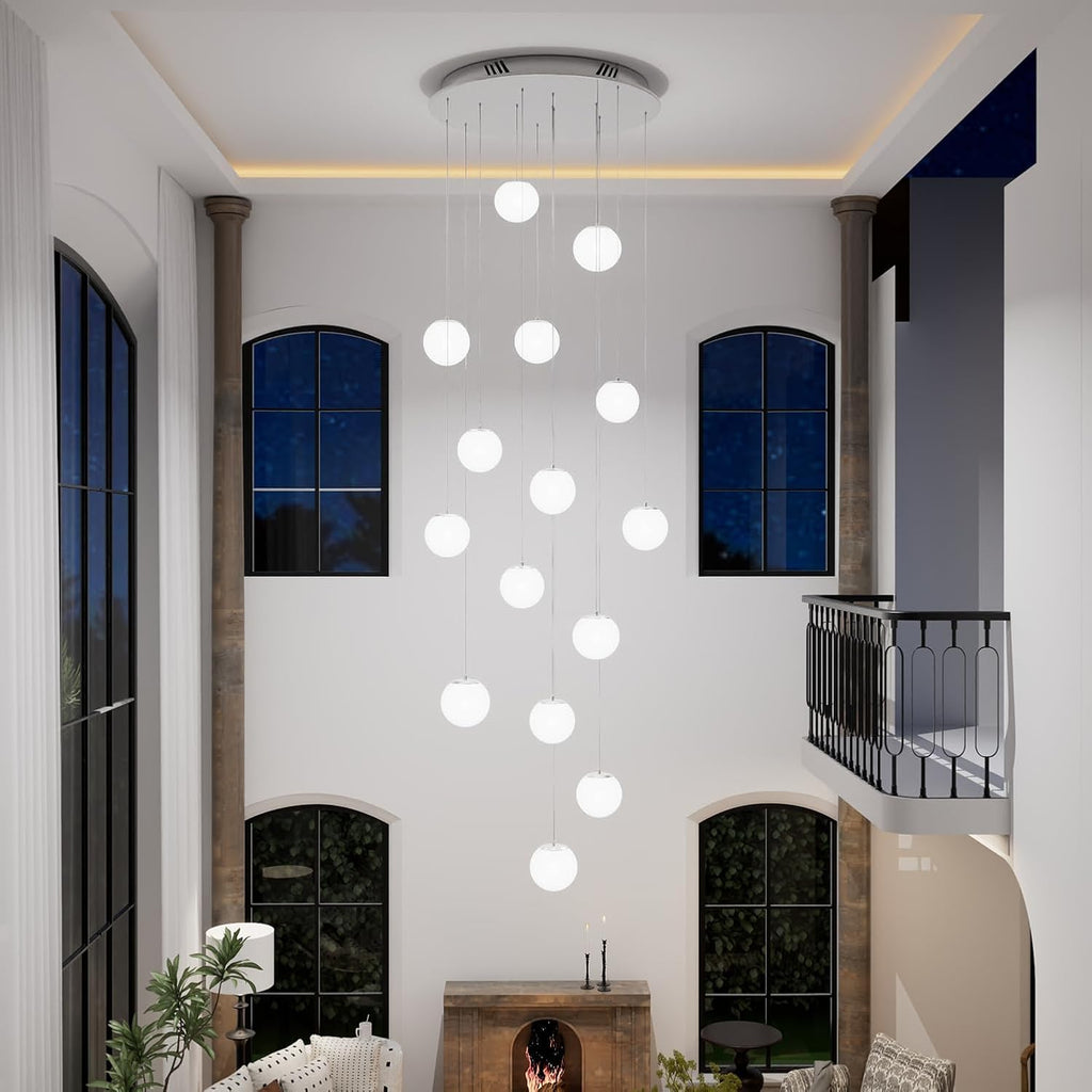 ykolupty H 138' Large Chandelier with White Globe Glass Dimmable Ceiling Light Glass Pendant Light for Kitchen Island, Dining Room, Living Room, Entry Hallway, LED Bulbs Included