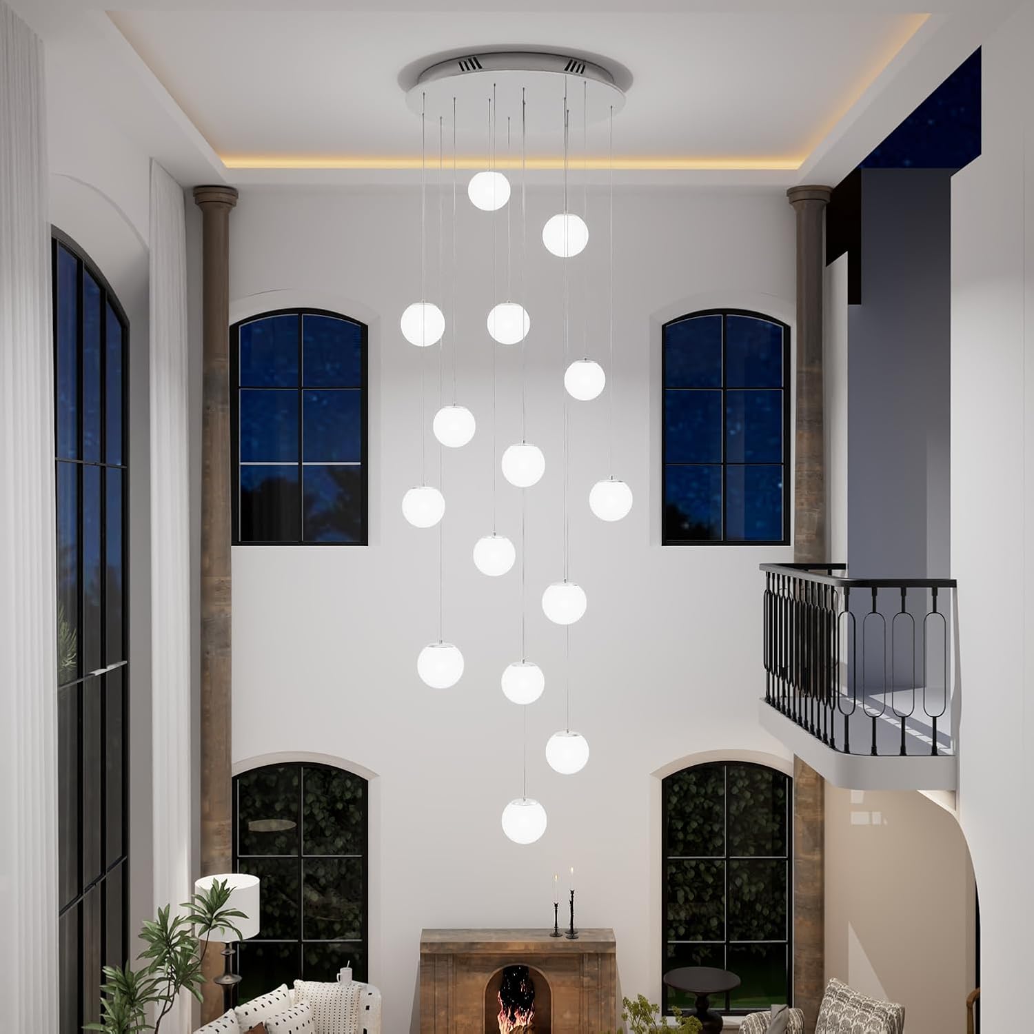 ykolupty H 138' Large Chandelier with White Globe Glass Dimmable Ceiling Light Glass Pendant Light for Kitchen Island, Dining Room, Living Room, Entry Hallway, LED Bulbs Included