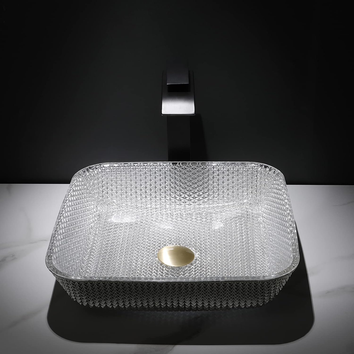 Bathroom Vessel Sink Crystal Glass Vessel Bowl Sink Square Vessel Sink Art Basin Counter Top Installation Bathroom Vanity Sinks with Brass Pop Up Drain-Gold (Silver)