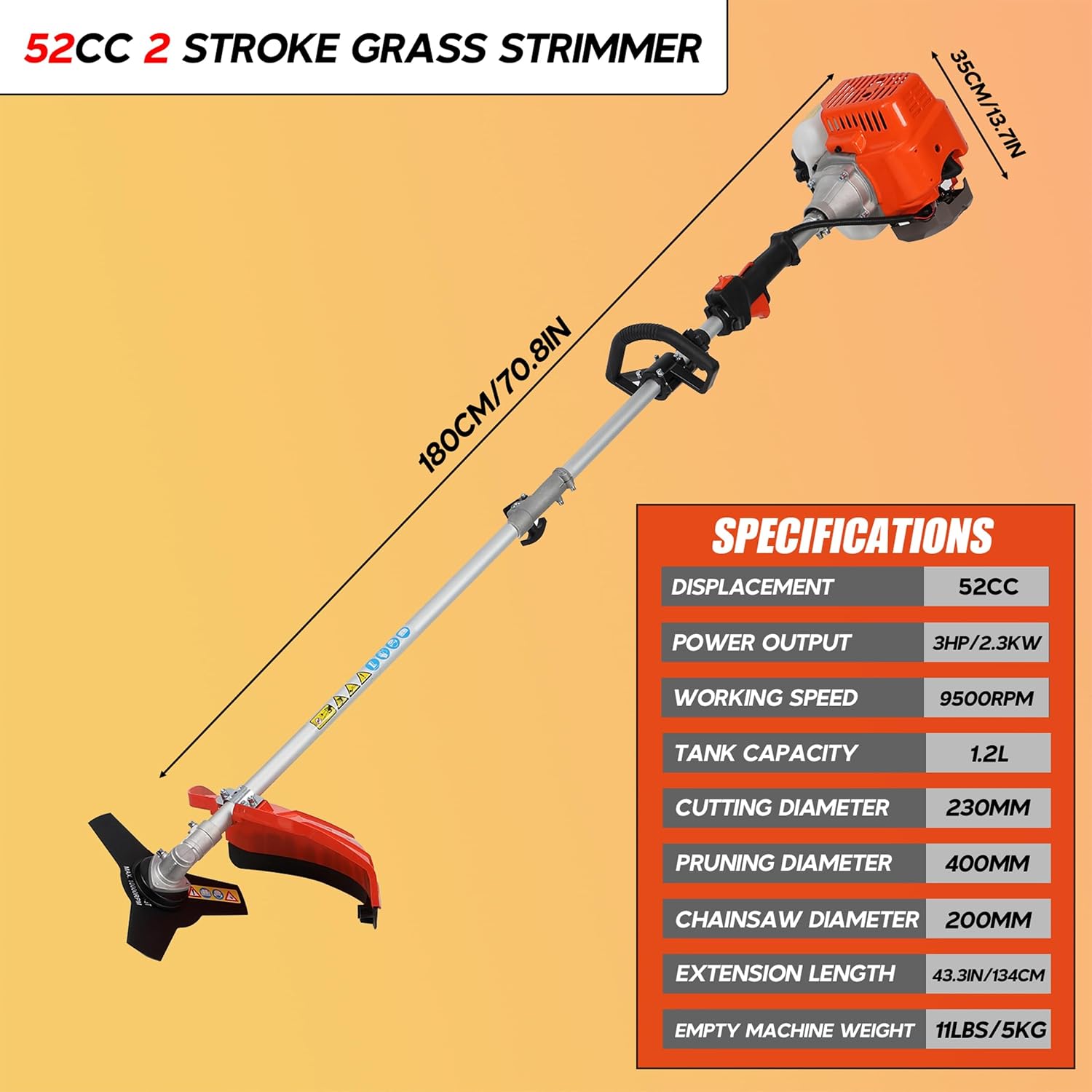 5 in 1 Gas Weed Eater, 52cc 2-Cycle Grass Trimmer & Hedge Trimmer, Brush Cutter, Weed Wacker Gas Powered, Pole Saw with Extension Pole, String Trimmer for Home, Garden, Lawn Care (Orange)