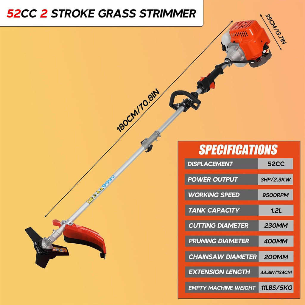 5 in 1 Gas Weed Eater, 52cc 2-Cycle Grass Trimmer & Hedge Trimmer, Brush Cutter, Weed Wacker Gas Powered, Pole Saw with Extension Pole, String Trimmer for Home, Garden, Lawn Care (Red)