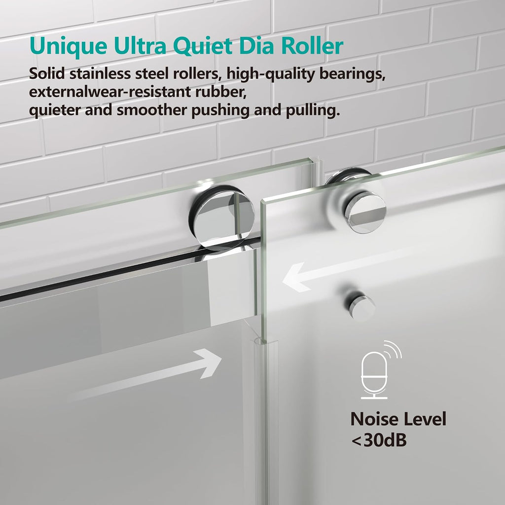 56-60' W x 76' H Frosted Shower Doors Double Sliding 3/8'(10mm) Frameless Tempere Glass Towel Bar Handle (Chrome)