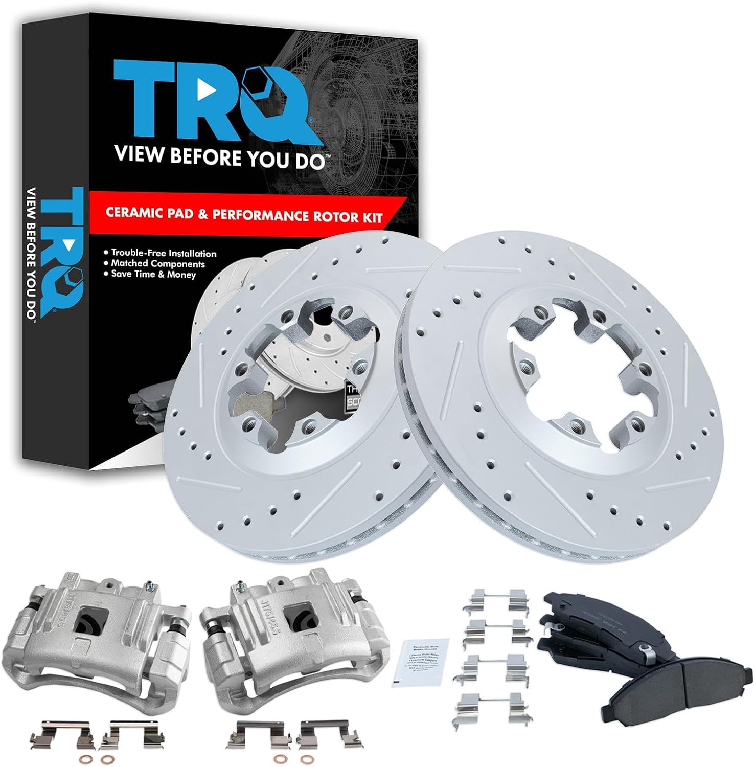 TRQ Performance Front Brake Pad and Rotor Set Ceramic Drilled Slotted Coated Rotors Calipers Compatible with 2004-2008 Chevrolet Colorado GMC Canyon 2006 Isuzu i-280 i-350 2007-2008 i-290 i-370