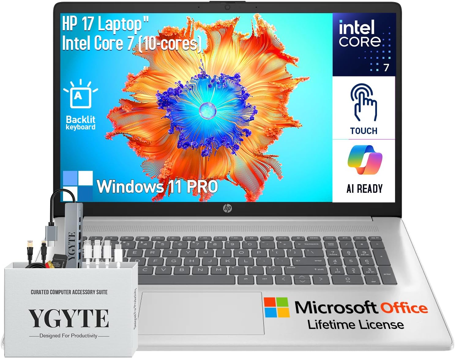 HP 17 Touchscreen Laptop Computer, 17.3' HD+ Touch Screen Business Laptop, Intel Core 7 (Faster Than i7-1355U), 40GB RAM 2TB SSD+512GB Docking Set, Windows 11 Pro, Backlit Keyboard, 10-Key Number Pad