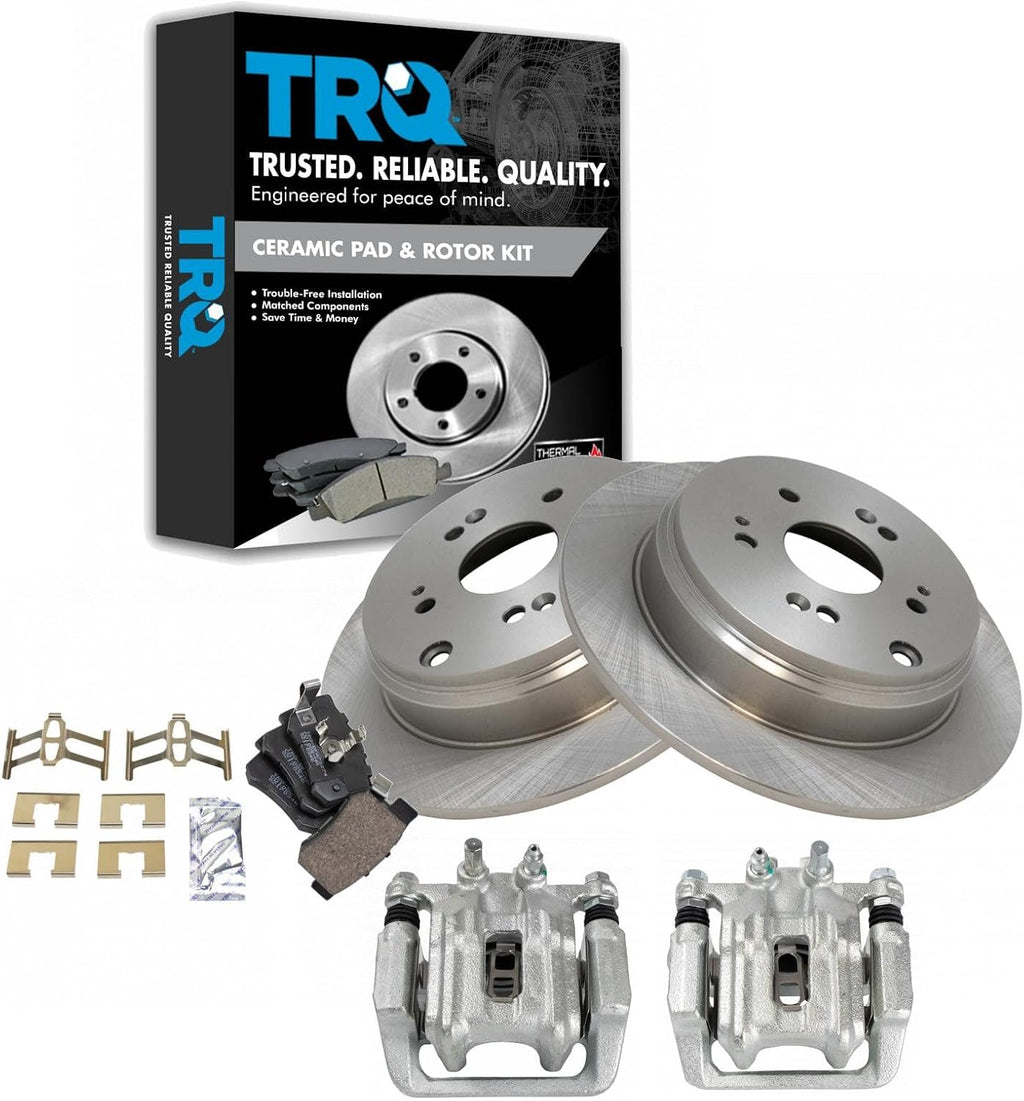 TRQ Rear Brake Pad and Rotor Set Ceramic Rotors Calipers Compatible with 2005-2006 Honda CR-V