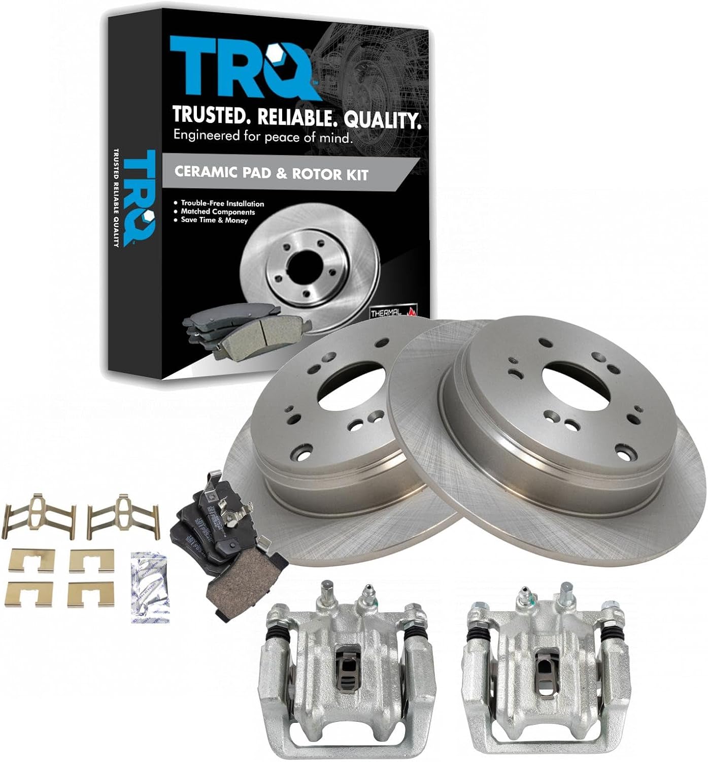 TRQ Rear Brake Pad and Rotor Set Ceramic Rotors Calipers Compatible with 2005-2006 Honda CR-V