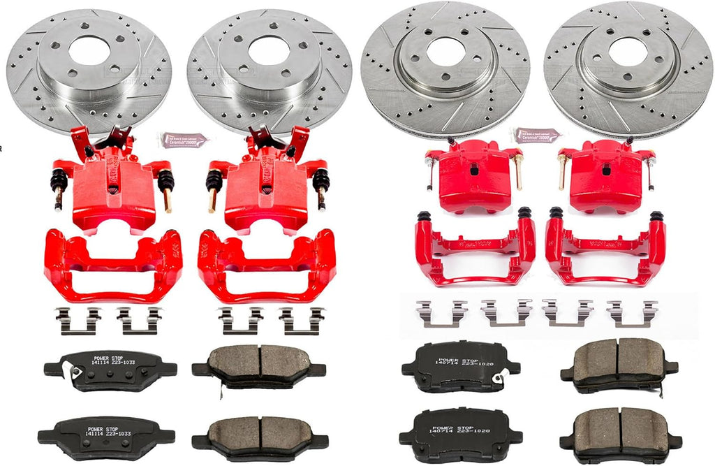 PowerStop Front and Rear Brake Kit for Chevrolet Malibu 2004-08 |Pontiac G6 2005-08 - Carbon-Fiber Ceramic Brake Pads + Drilled & Slotted Rotors + Red Powder Coated Calipers, KC1612A