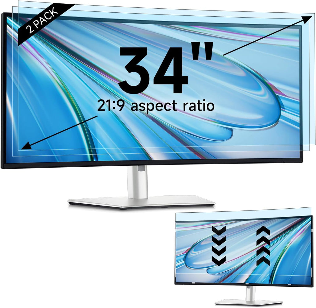 IPROKKO 2 Pack 34 inch Anti-Blue Light Monitor Screen Protector for 21:9 Widescreen, Removable Anti Glare Blue Light Blocking Screen Filter, Anti-UV Eye Protection PC Computer Film [Washable Wipes Clean]