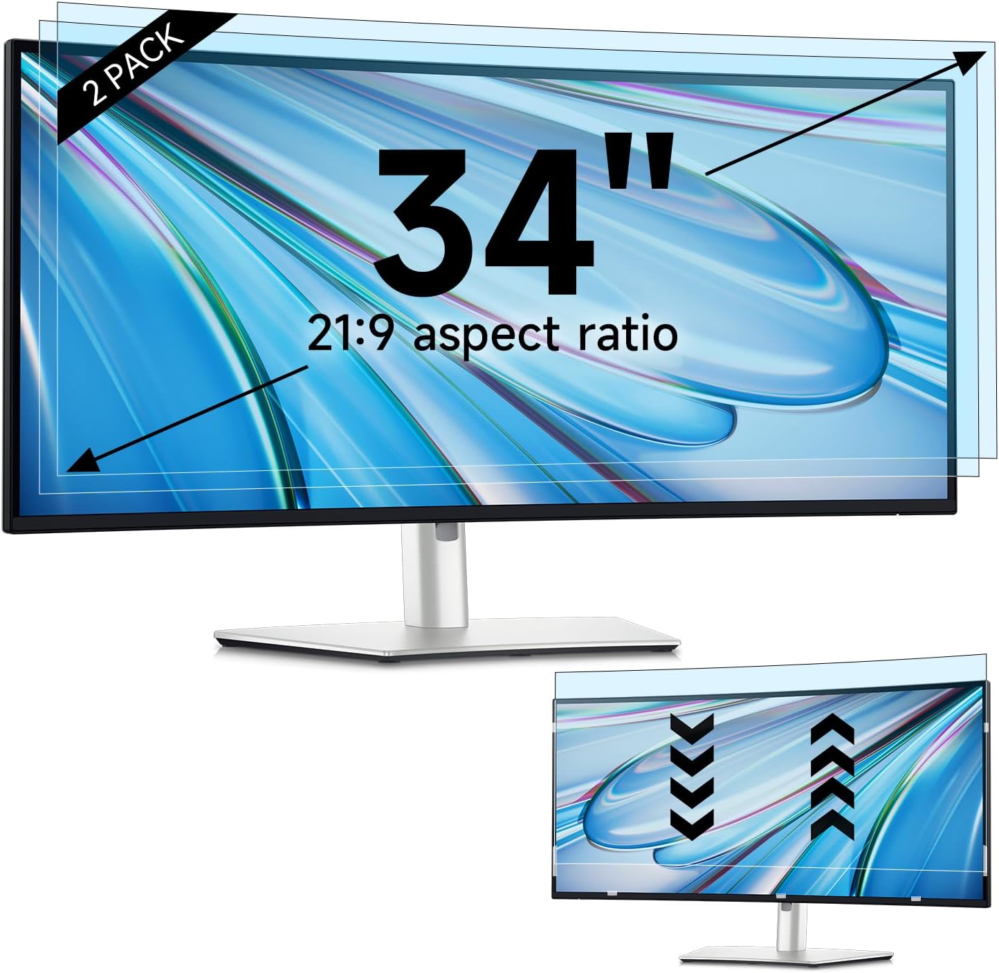 IPROKKO 2 Pack 34 inch Anti-Blue Light Monitor Screen Protector for 21:9 Widescreen, Removable Anti Glare Blue Light Blocking Screen Filter, Anti-UV Eye Protection PC Computer Film [Washable Wipes Clean]