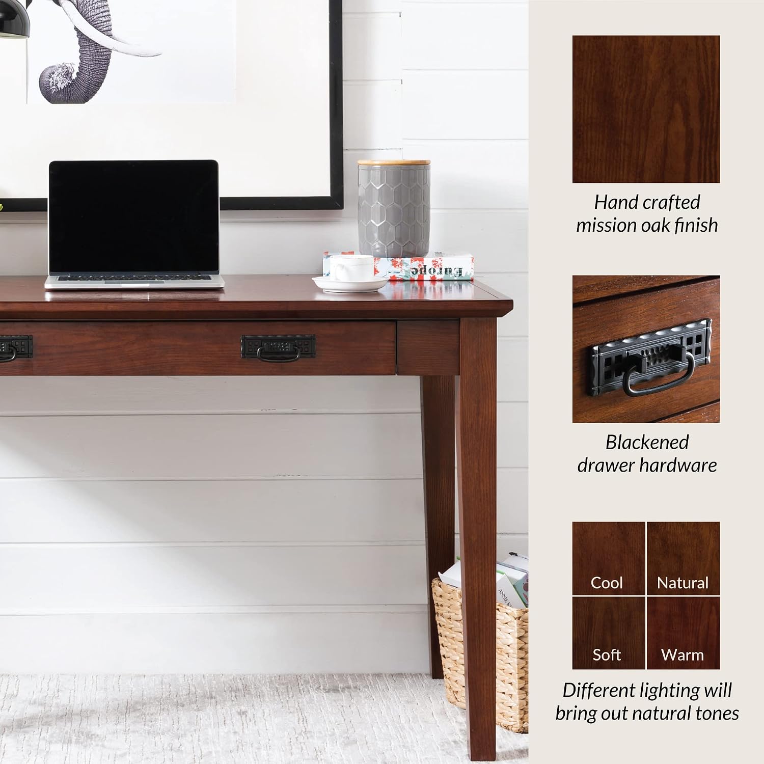 Leick Home 82400 Mission Writing Computer Desk with Drop Front Keyboard Drawer, for Home Office, Solid Wood, Mission Oak