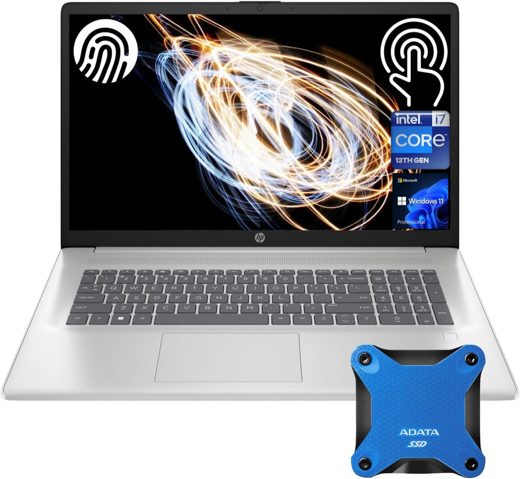 HP 17.3' i7 Business Portable Laptop, HD+ Touchscreen, Intel Core i7-1355U, 64GB RAM, 4TB SSD, Backlit KB, Fingerprint Reader, HDMI, Wi-Fi 6, W11P, Silver, with ADATA 512GB External SSD Bundle