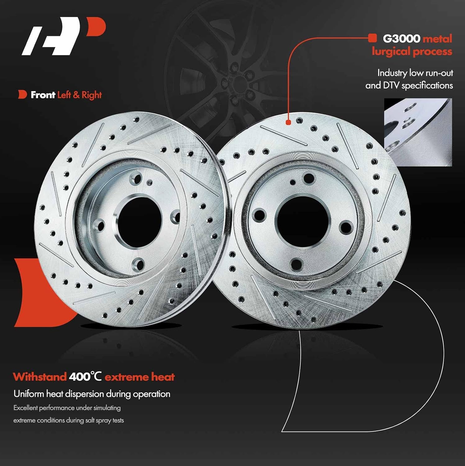 A-Premium 10.16 inch (257.9mm) Front Drilled and Slotted Disc Brake Rotors + Ceramic Pads Kit Compatible with Select Ford Models - Fiesta 2011-2019, 6-PC Set