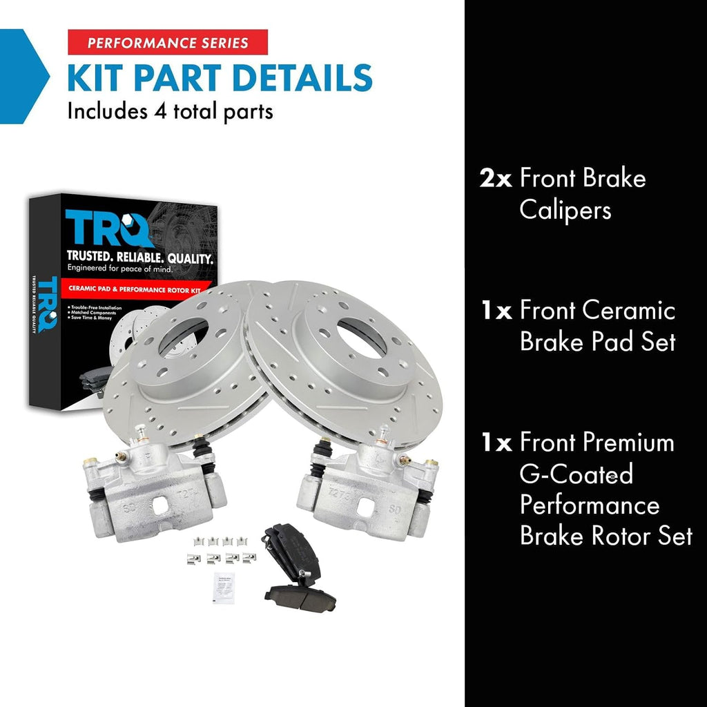 TRQ Performance Front Brake Pad and Rotor Set Ceramic Drilled Slotted Coated Vented Rotors Calipers Compatible with 1990-2000 Honda Civic 1993-1997 Civic del Sol 1990-1991 CRX