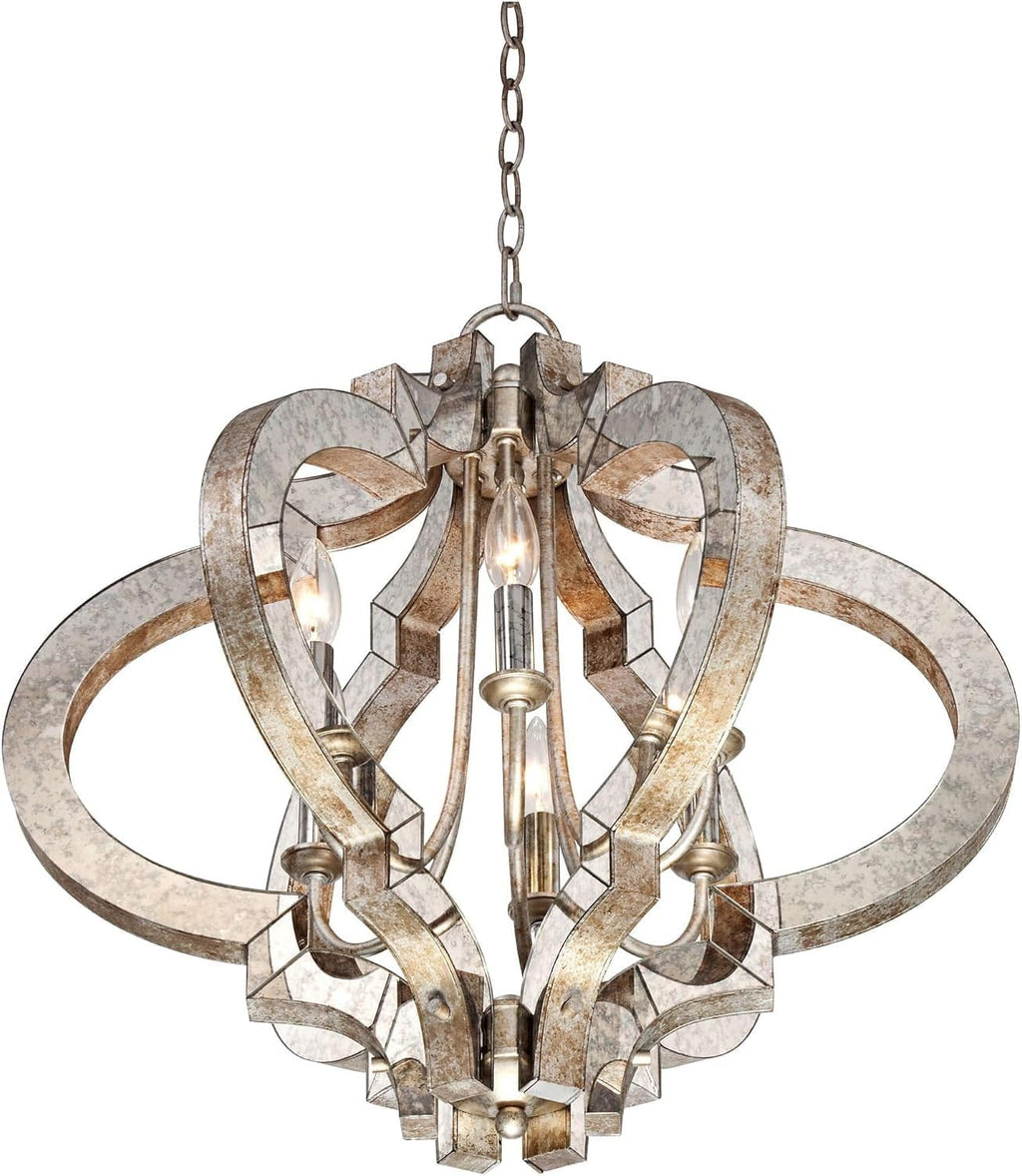 LED Pendant Lamp Euro Design Ornament Aged Silver Gold Bronze Chandelier 23 1/4' Wide Industrial 6-Light Fixture Compatible with Dining Room Foyer,Hallway