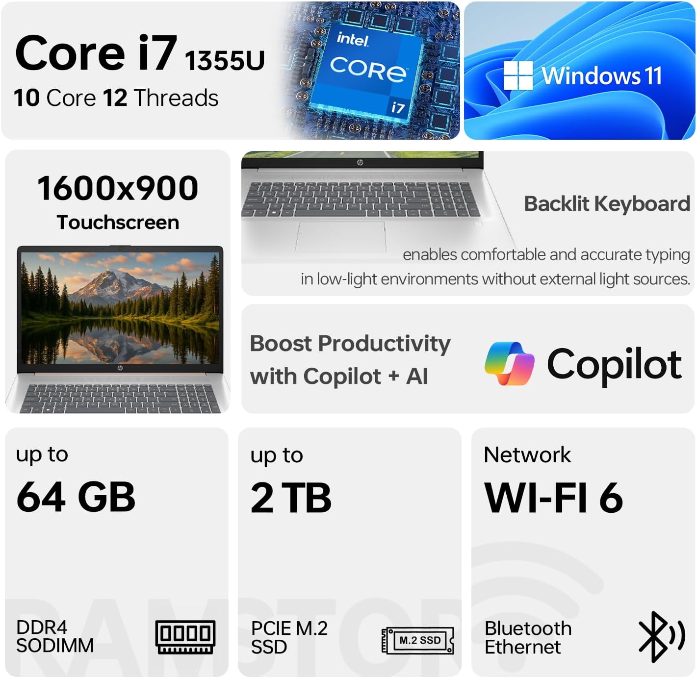 HP Essential 17 Laptop AI PC, 17.3' Touchscreen, Core i7-1355U (10 Cores, up to 5GHz Max Turbo), 16GB RAM, 1TB SSD, Backlit KB, FP Reader, Wi-Fi 6, Win11 Home, Rose Gold, Bundle with PCO Laptop Cooler