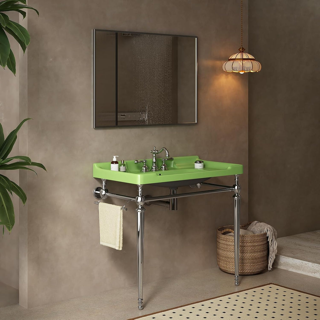 36'' Console Bathroom Sink, Freestanding Console Sink With Stainless Brushed Chrome Legs, Modern Bathroom Sink Vanities with 3 Tap Holes and Pop Up Drain, Green with Silver