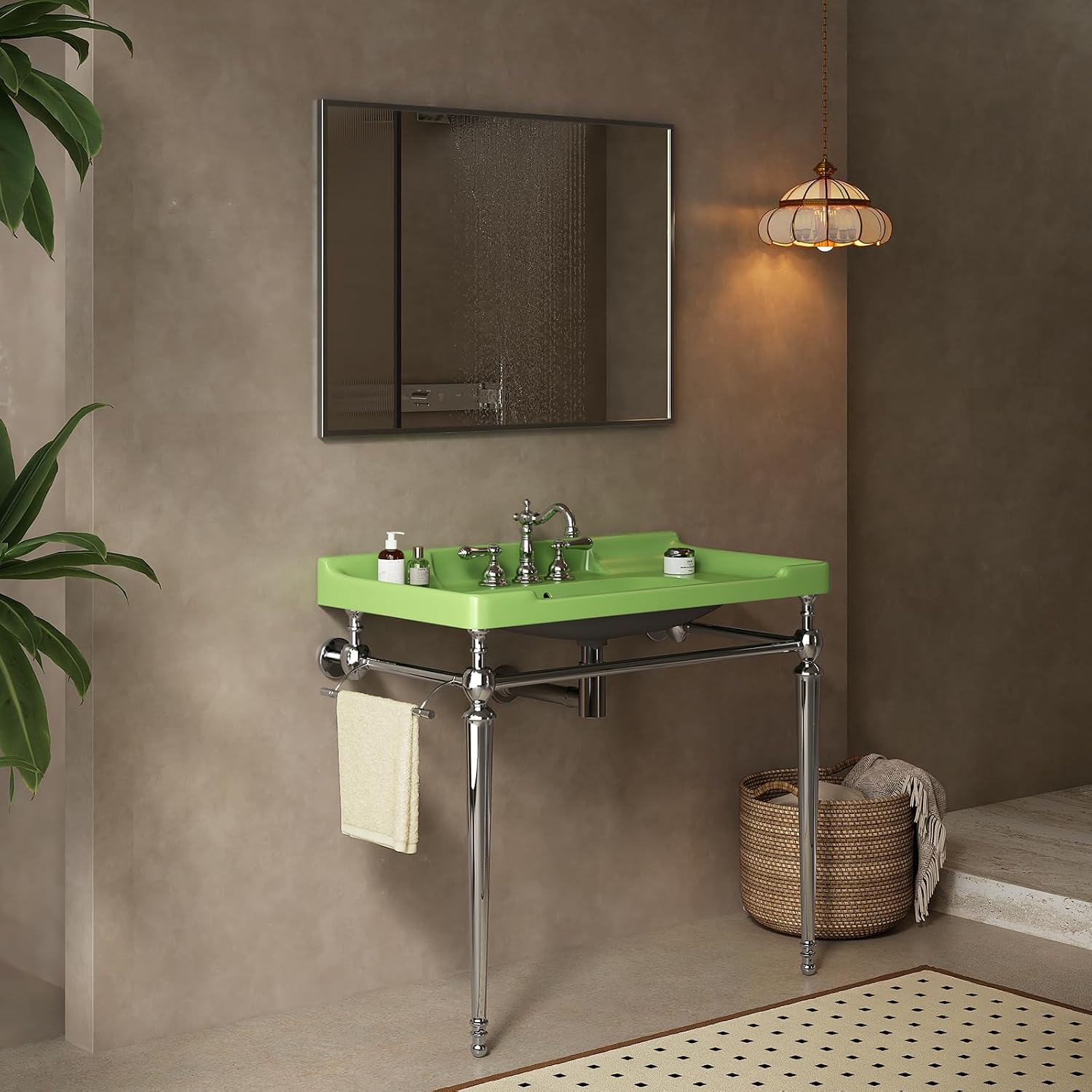 36'' Console Bathroom Sink, Freestanding Console Sink With Stainless Brushed Chrome Legs, Modern Bathroom Sink Vanities with 3 Tap Holes and Pop Up Drain, Green with Silver