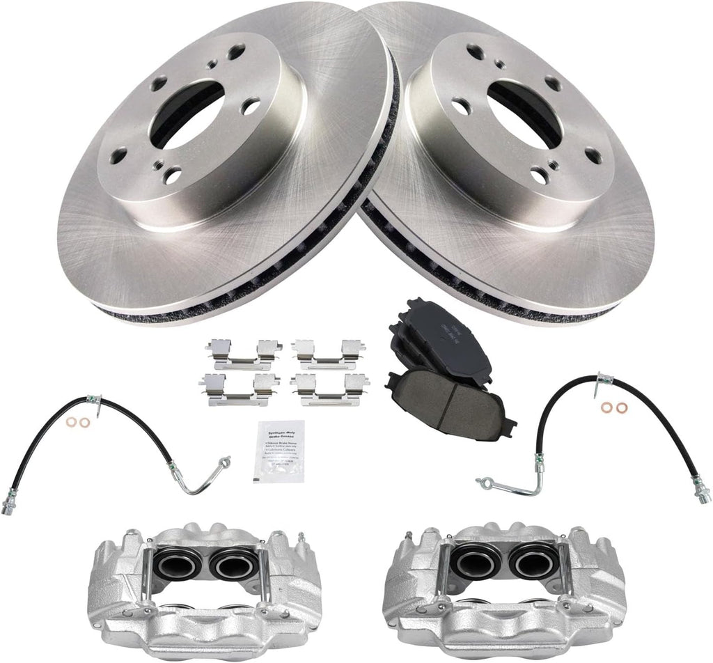 TRQ Front Brake Pad and Rotor Set Ceramic Rotors Calipers Hoses Compatible with 2005-2015 Toyota Tacoma