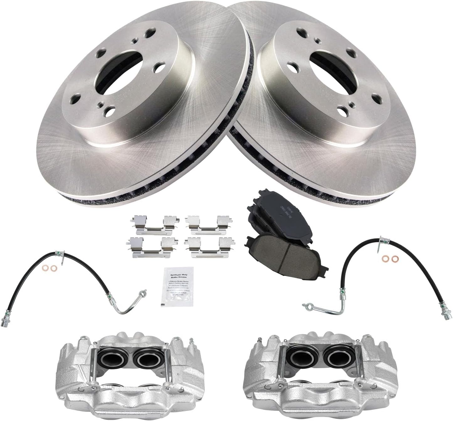 TRQ Front Brake Pad and Rotor Set Ceramic Rotors Calipers Hoses Compatible with 2005-2015 Toyota Tacoma