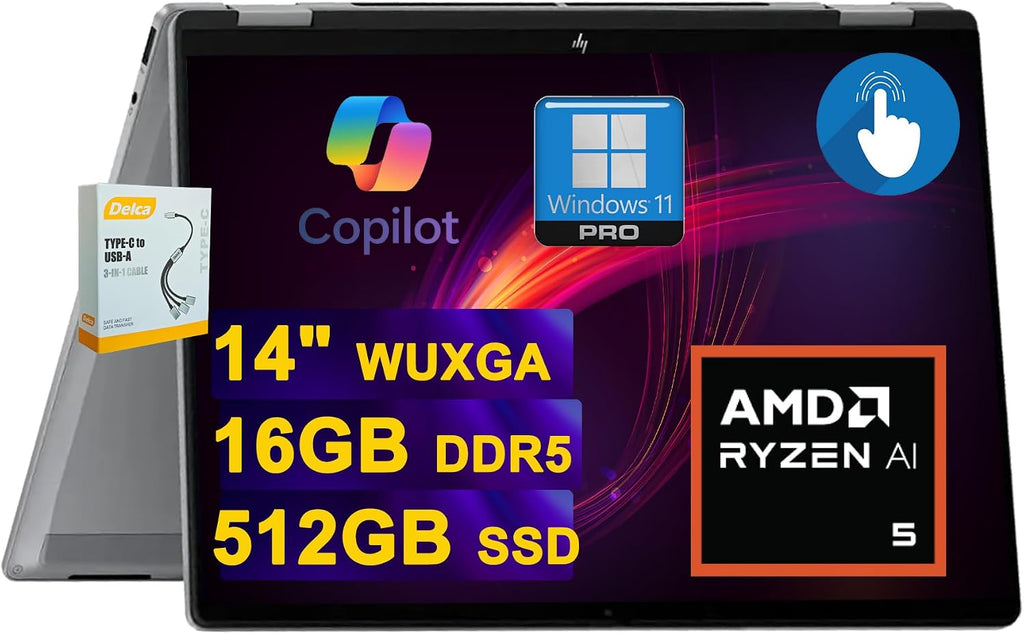 HP OmniBook X Flip 2-in-1 AI PC Laptop | 14' WUXGA Touch 400nits | AMD 6-core Ryzen AI 5 340 Up to 50 Tops | 16GB DDR5 512GB SSD | Backlit Wi-Fi6E 5MP IR Camera Poly Win11Pro w/DLCA Accessory
