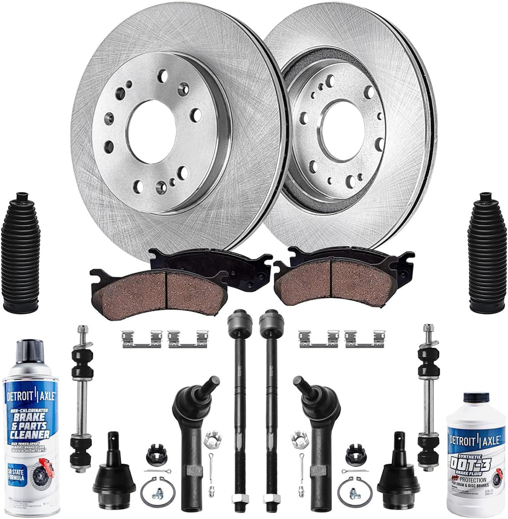 Detroit Axle - Front Brake Kit for Avalanche Silverado Sierra 1500 GMC Yukon Chevy Tahoe, Disc Brake Rotors Ceramic Brake Pads Lower Ball Joints Sway Bars Tie Rods Boots Replacement