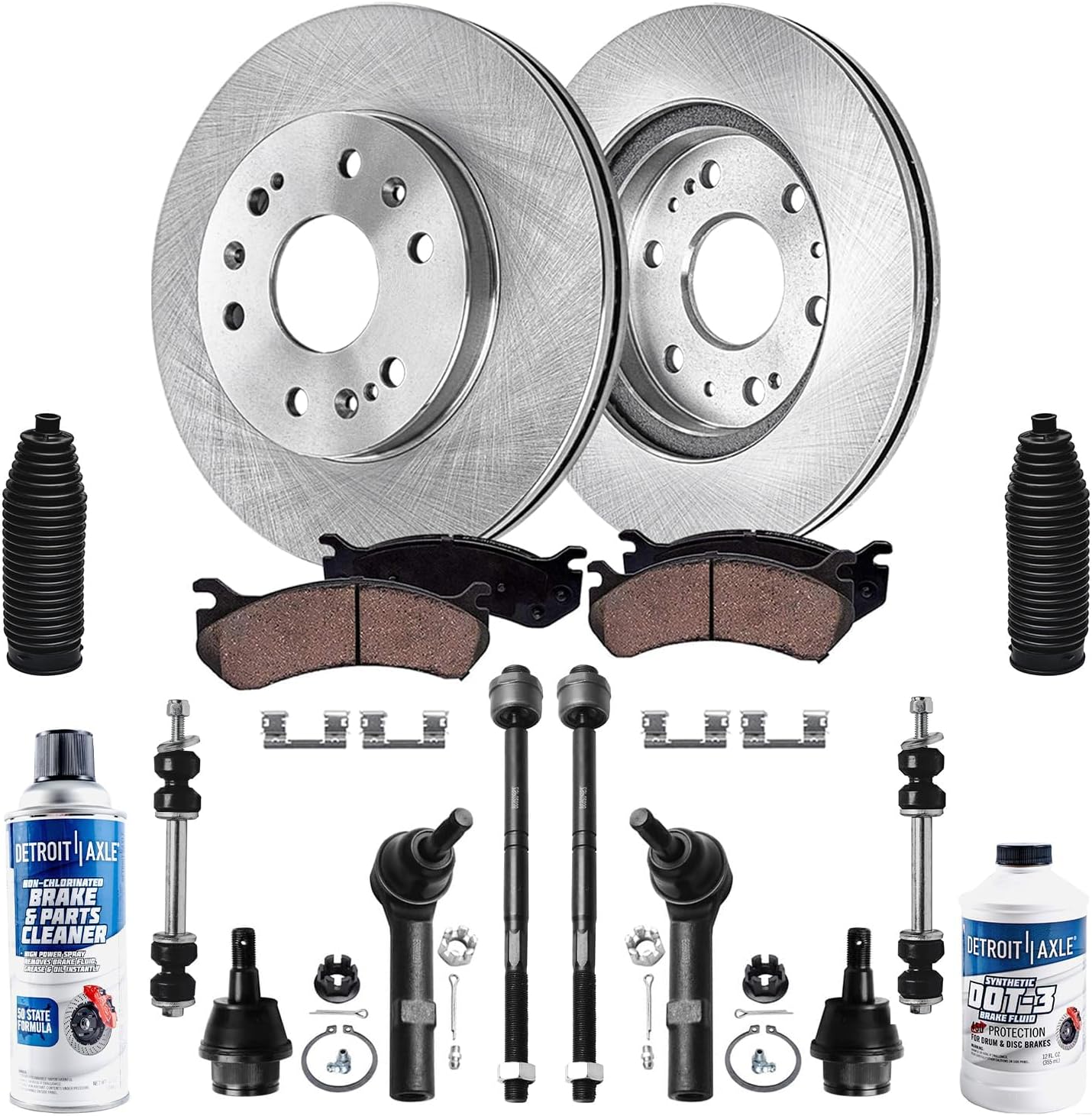 Detroit Axle - Front Brake Kit for Avalanche Silverado Sierra 1500 GMC Yukon Chevy Tahoe, Disc Brake Rotors Ceramic Brake Pads Lower Ball Joints Sway Bars Tie Rods Boots Replacement