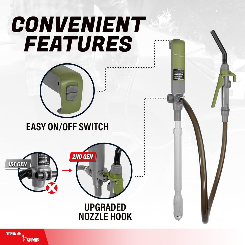 TERA PUMP [ 2nd Gen ] Fuel Transfer Pump w/Quick Flow Control Nozzle & Telescopic Tube, Powerful Rechargeable Battery, 4.9 FT Hose, Multipurpose Portable Battery Pump For Gas, Diesel, Water (3.2 GPM)