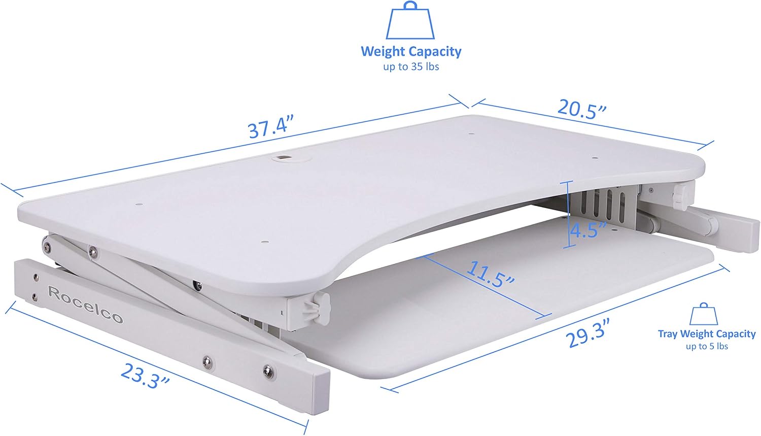 Rocelco 37.5' Deluxe Height Adjustable Standing Desk Converter - Quick Sit Stand Up Dual Monitor Riser - Gas Spring Assist Computer Workstation - Large Retractable Keyboard Tray - White (R DADRW)