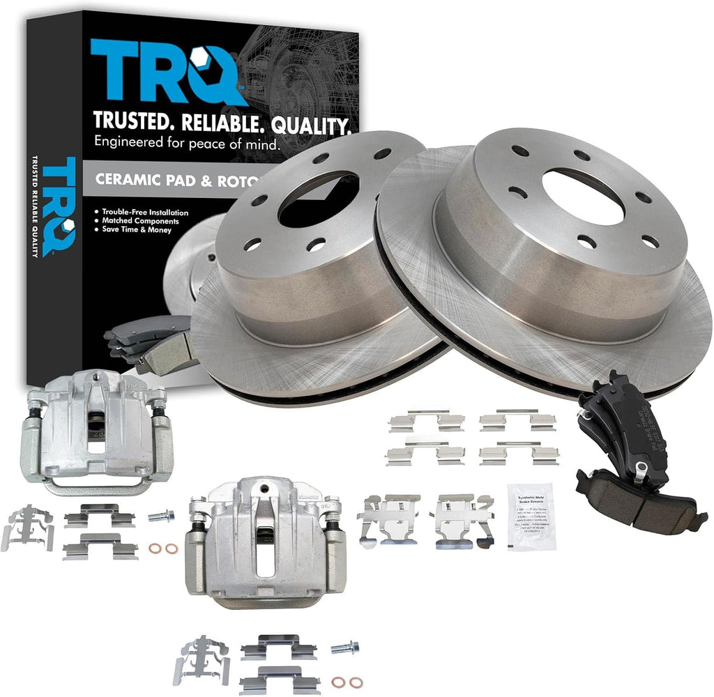 TRQ Rear Brake Pad and Rotor Set Ceramic Vented Rotors Calipers Compatible with 2003-2006 Chevrolet Silverado GMC Sierra 1500 2007 Silverado Sierra 1500 Classic