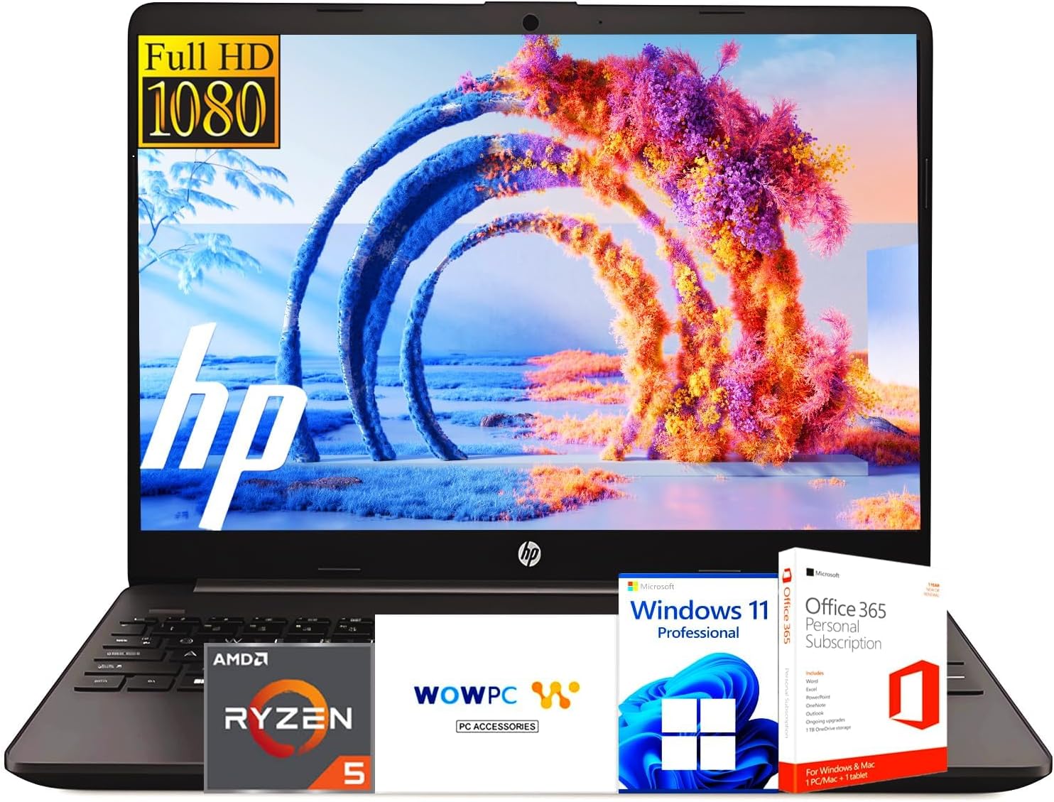 HP Business Laptop with Microsoft Office 365, AMD Ryzen 5 5500U Processor (Beats i7-1165G7), 15.6' FHD Display, 64GB RAM, 1TB SSD, Ethernet RJ-45, SD Card Reader, HDMI, Windows 11 Pro, WOWPC USB