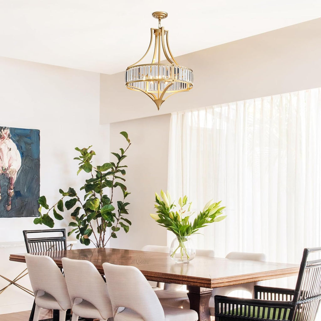 Crystal Chandeliers for Dining Room 21.6' Rustic Farmhouse Chandelier with Round Metal Shade 6-Light Large Gold Dining Room Light Fixture for Kitchen, Hallway, Bedroom, Foyer