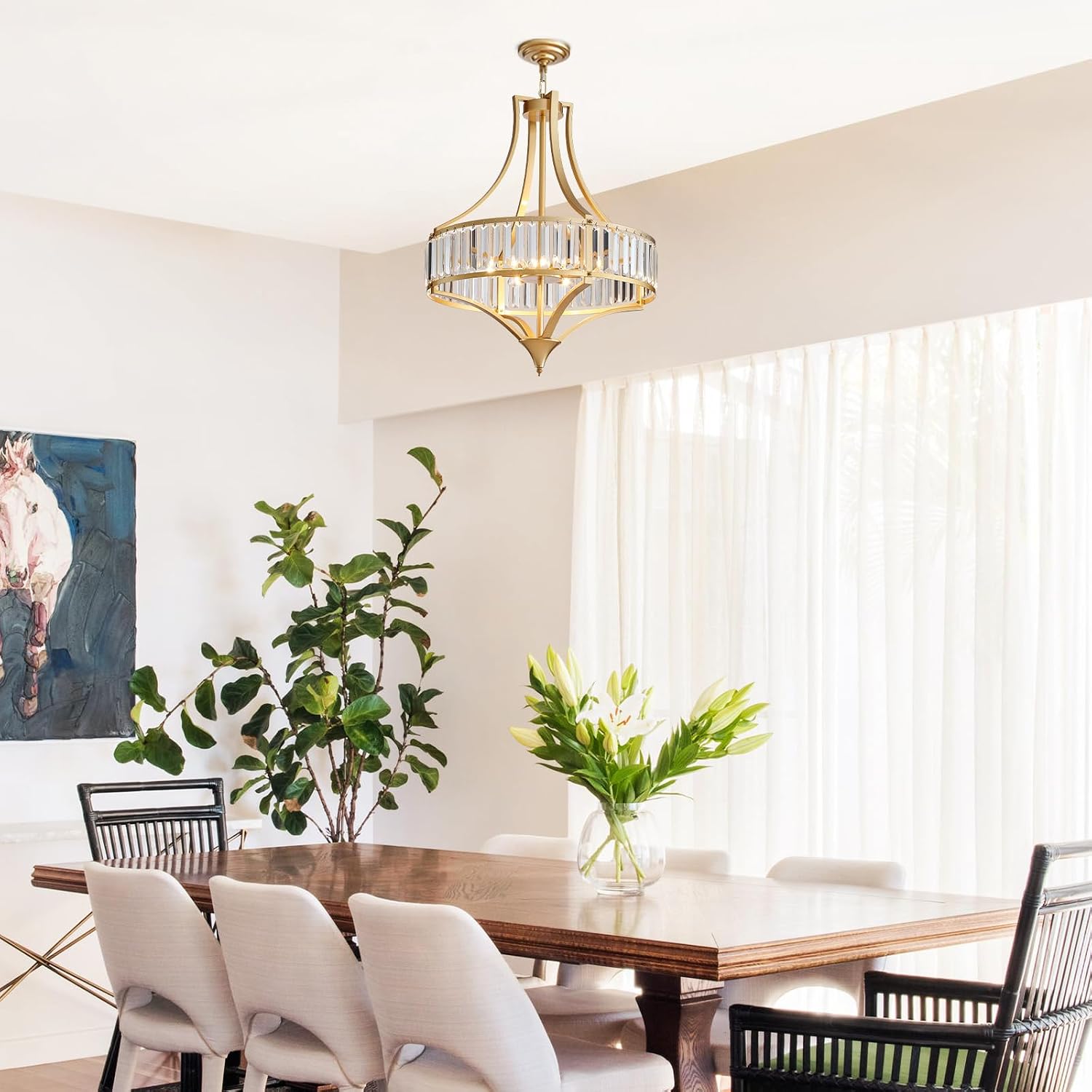 Crystal Chandeliers for Dining Room 21.6' Rustic Farmhouse Chandelier with Round Metal Shade 6-Light Large Gold Dining Room Light Fixture for Kitchen, Hallway, Bedroom, Foyer