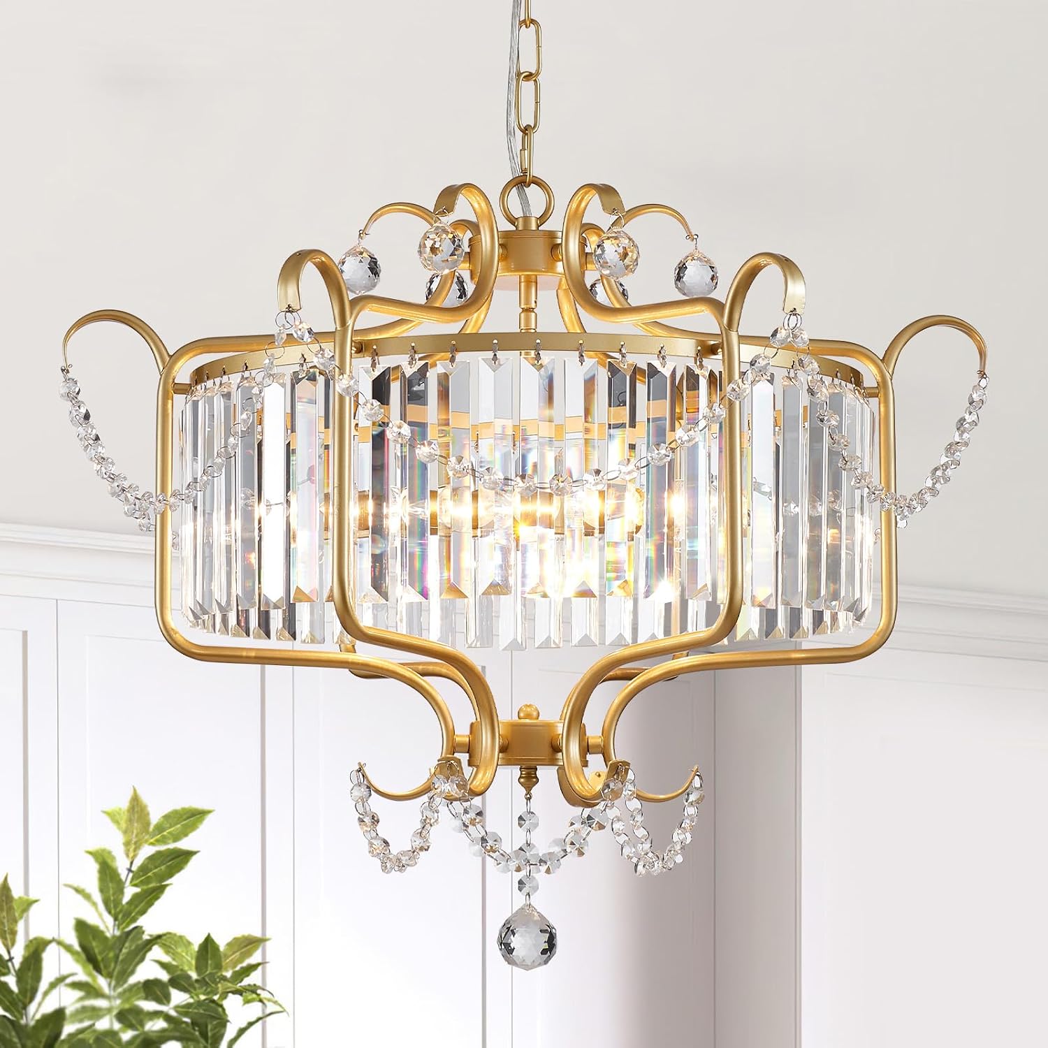 Modern Crystal Chandelier for Dining Room 24' Large Gold 6-Light Farmhouse Pendant Lighting Fixtures for Living Room Kitchen Island Hallway Bedroom Foyer
