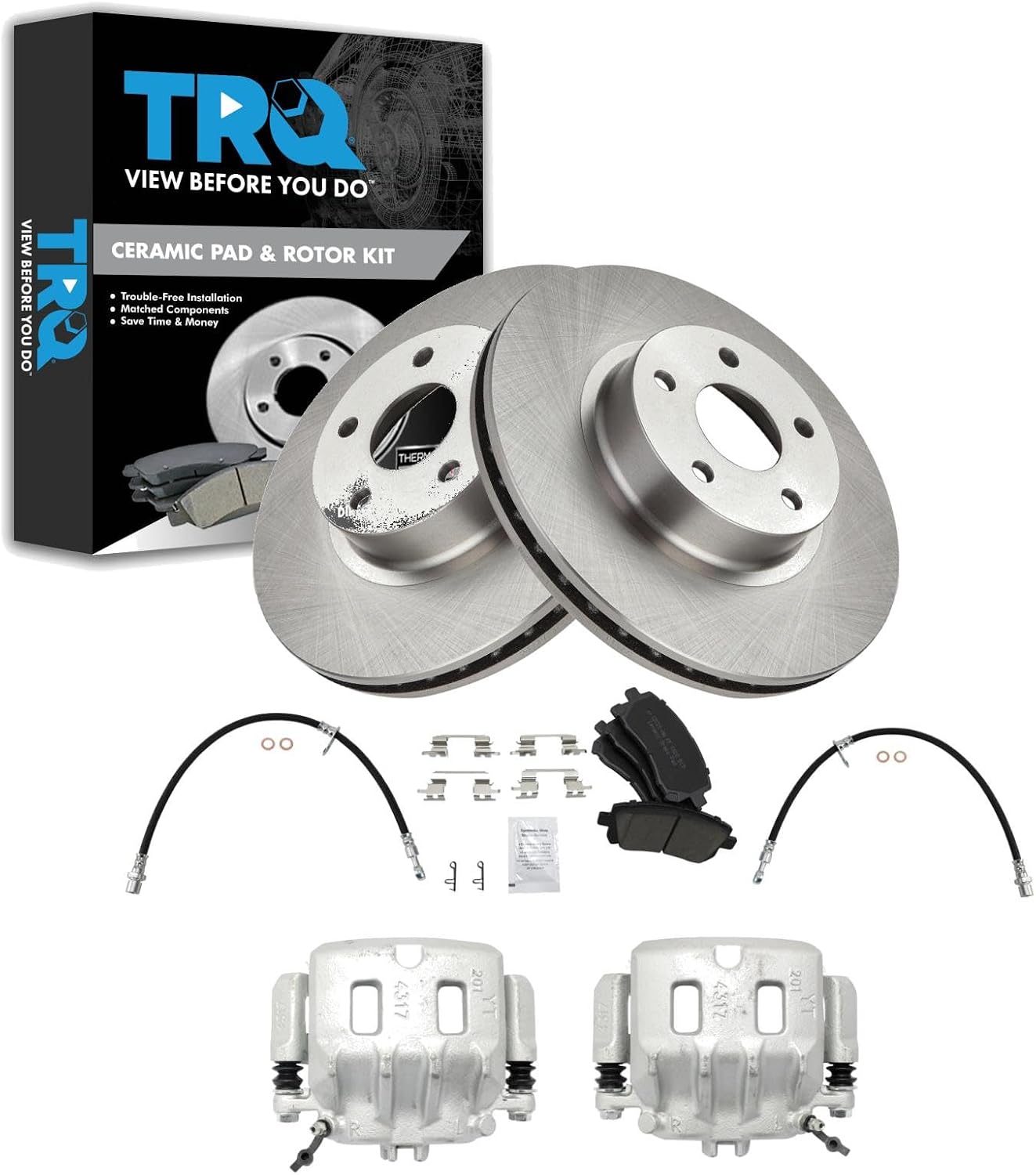 TRQ Front Brake Pad and Rotor Set Ceramic Rotors Calipers Hoses Compatible with 1999-2001 Subaru Legacy 2000 Outback