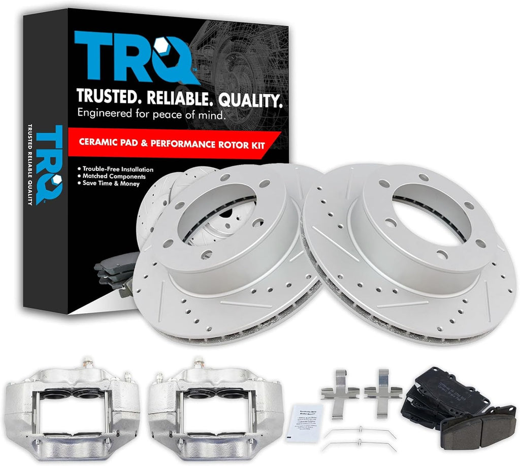 TRQ Performance Front Brake Pad and Rotor Set Ceramic Drilled Slotted Coated Rotors Calipers Compatible with 1999-2004 Toyota Tacoma