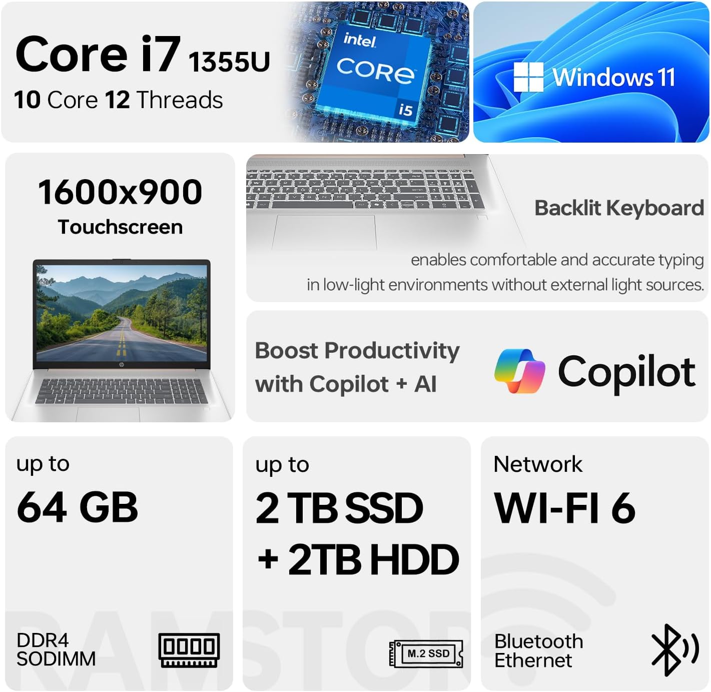 HP 17.3' Touchscreen Laptop, Intel Core i7-1355U, Pale Rose Gold, 32GB RAM, 2TB SSD, Webcam, Backlit Keyboard, Fingerprint Reader, Wi-Fi 6, Windows 11 Home, Bundle with PCO Laptop Cooler