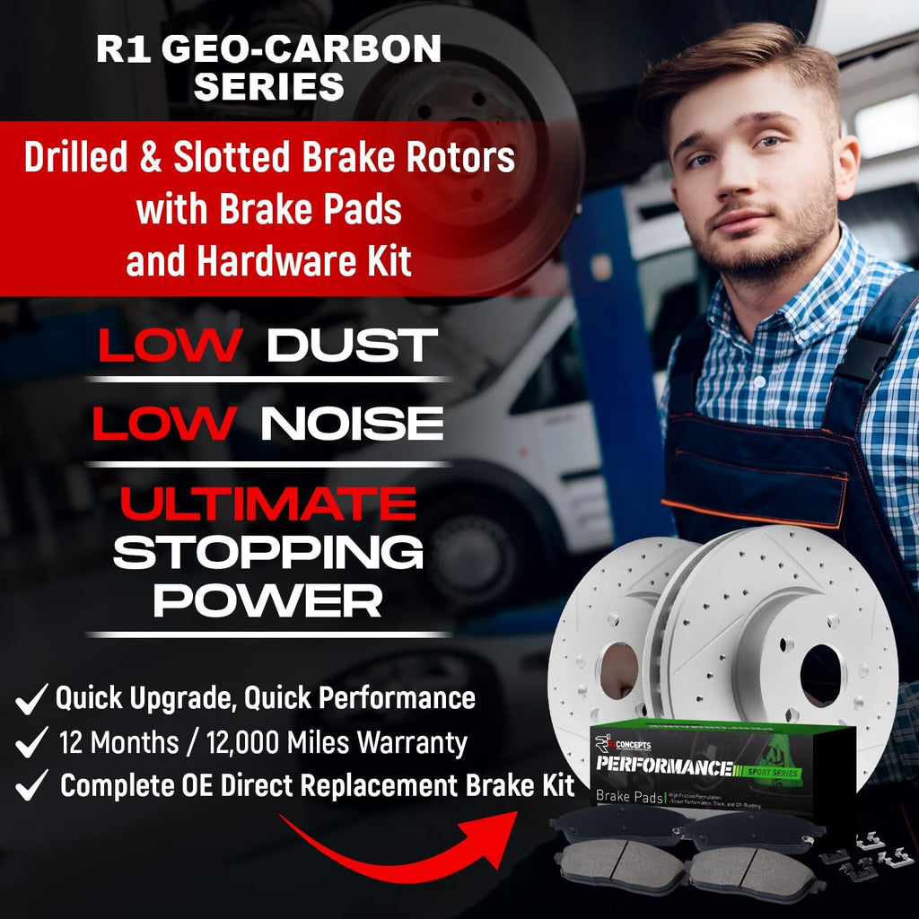 R1 Concepts Front Brake Kit Fits 2011-2019 Ford Fiesta| Performance Sport Pads, Drilled Slotted Rotors| Hardware| 10.2' Front