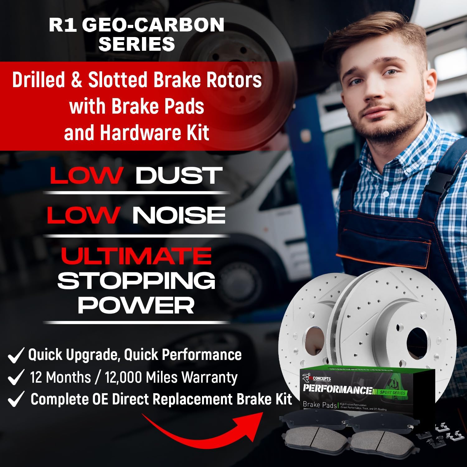 R1 Concepts Front Brake Kit Fits 2011-2019 Ford Fiesta| Performance Sport Pads, Drilled Slotted Rotors| Hardware| 10.2' Front