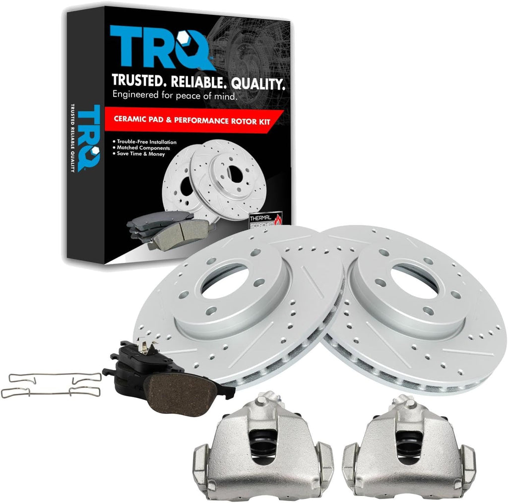 TRQ Performance Front Brake Pad and Rotor Set Ceramic Vented Coated Rotors Calipers Compatible with 2012-2016 Ford Focus 2014-2018 C-Max