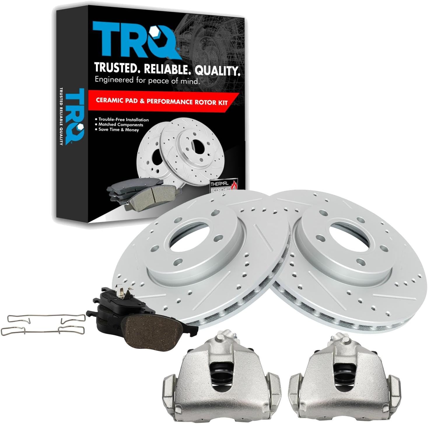 TRQ Performance Front Brake Pad and Rotor Set Ceramic Vented Coated Rotors Calipers Compatible with 2012-2016 Ford Focus 2014-2018 C-Max