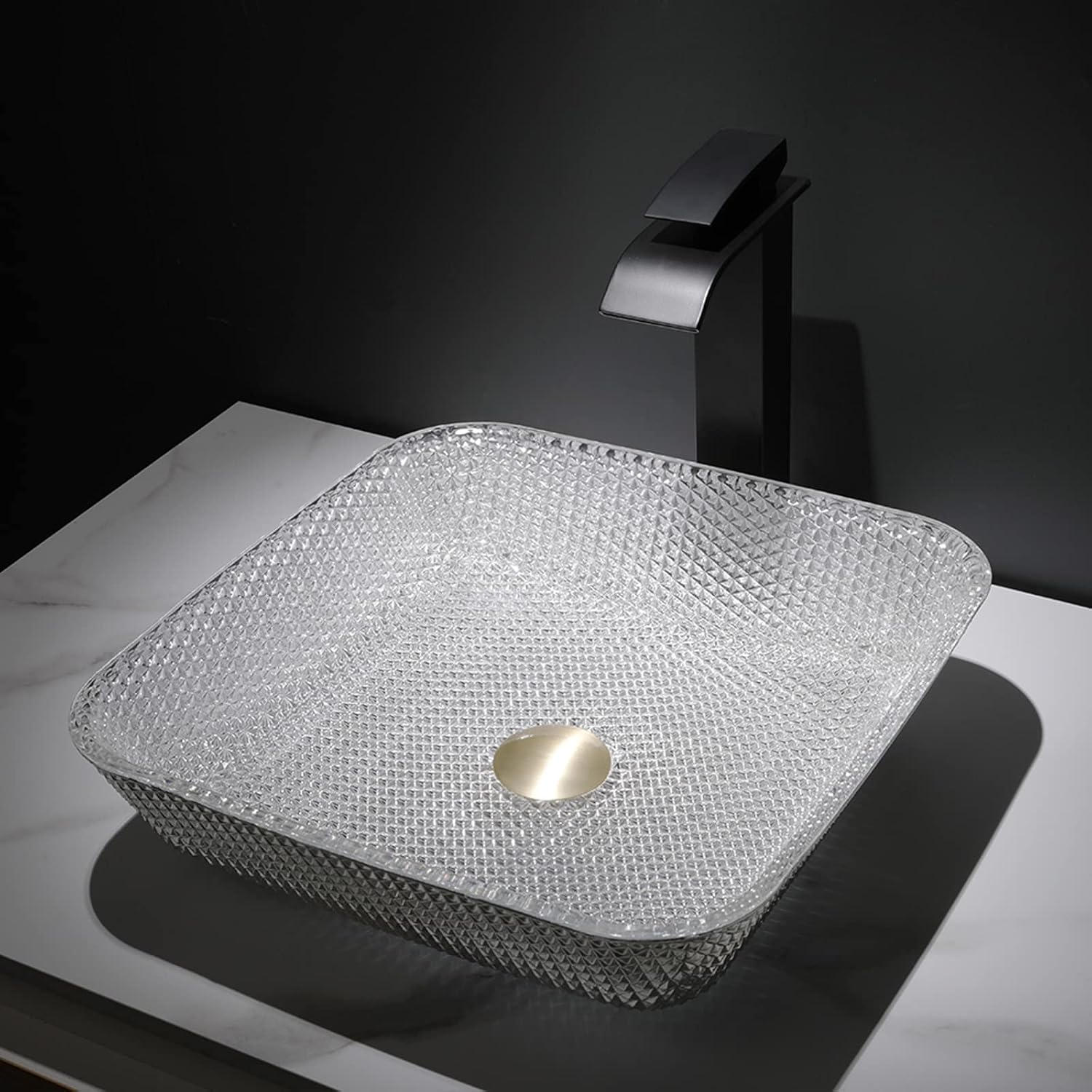 Bathroom Vessel Sink Crystal Glass Vessel Bowl Sink Square Vessel Sink Art Basin Counter Top Installation Bathroom Vanity Sinks with Brass Pop Up Drain-Gold (Silver)