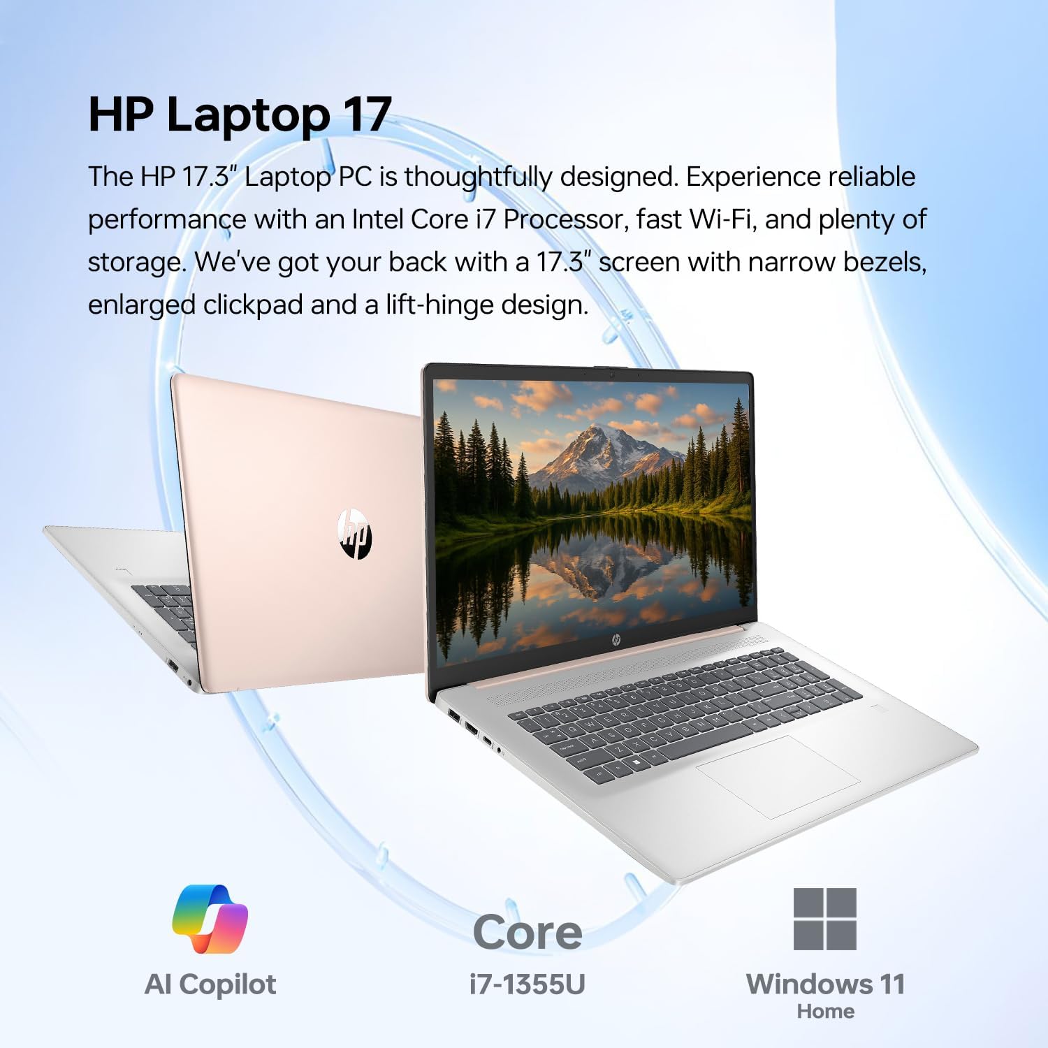 HP Essential 17 Laptop AI PC, 17.3' Touchscreen, Core i7-1355U (10 Cores, up to 5GHz Max Turbo), 16GB RAM, 1TB SSD, Backlit KB, FP Reader, Wi-Fi 6, Win11 Home, Rose Gold, Bundle with PCO Laptop Cooler