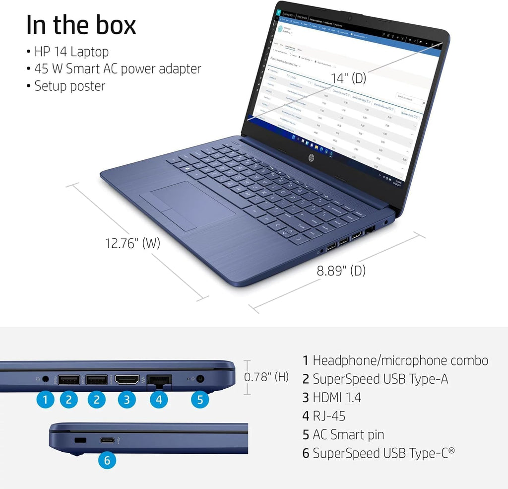 HP 14' Royal Blue Laptop – Vibrant & Stylish Student Notebook, 8GB RAM, 1.1TB Storage (64GB eMMC + 1TB OneDrive), Microsoft 365 Included, Intel 4-Core Processor, Windows 11