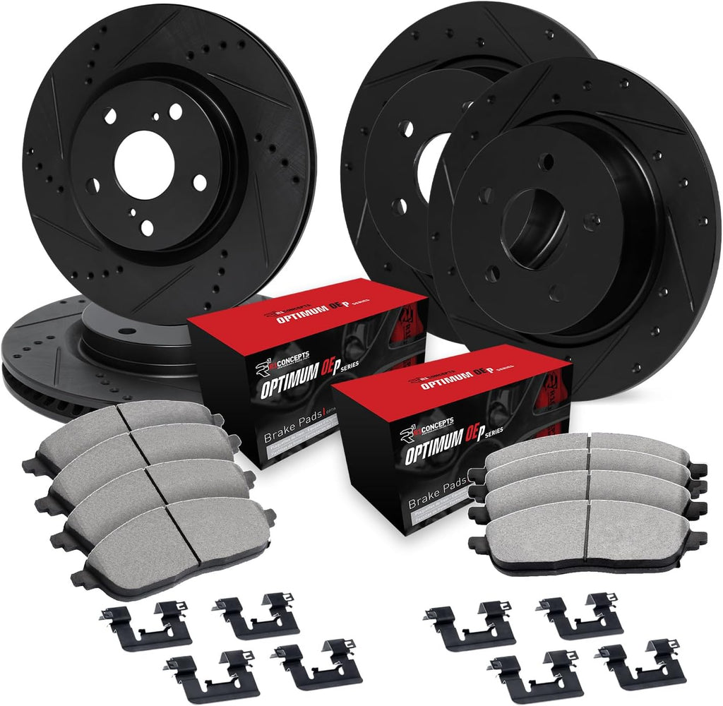 R1 Concepts Front and Rear Brake Kit| Hardware| Optimum Oep Brake Pads and Drilled Slotted Brake Rotors| WHUH2-92011 | 11.5' Front & 11.7' Rear